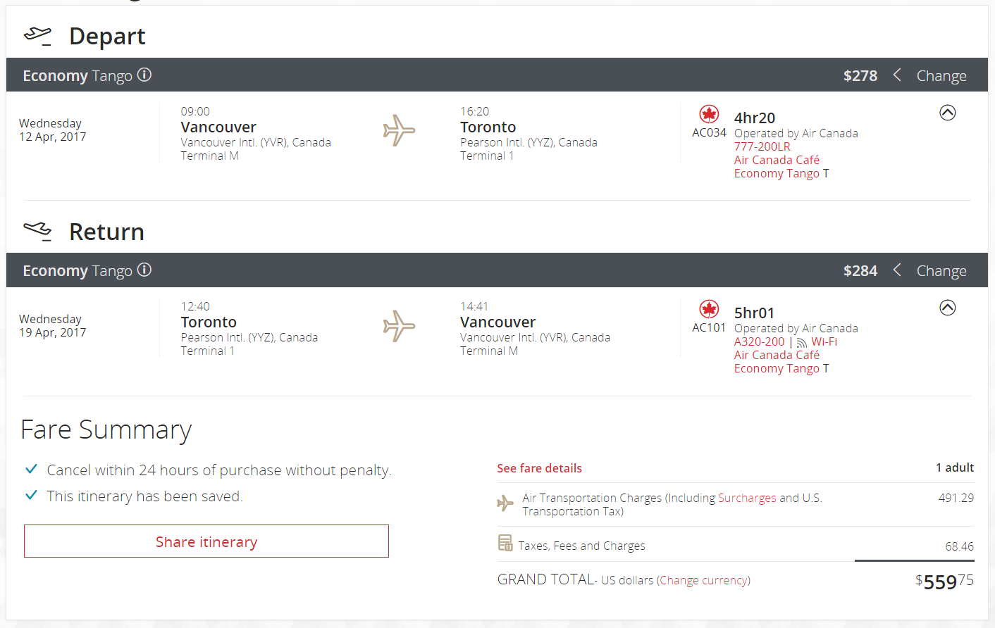 Air Canada Points Chart
