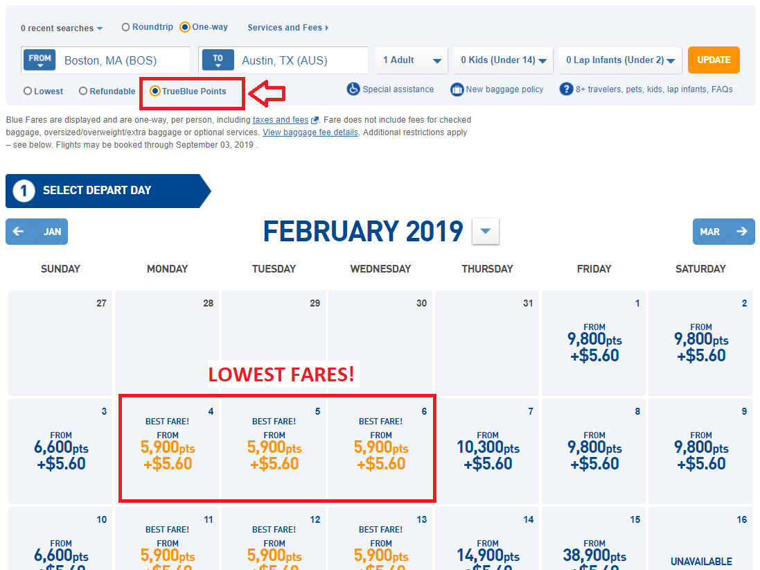 Jet Blue Mileage Chart